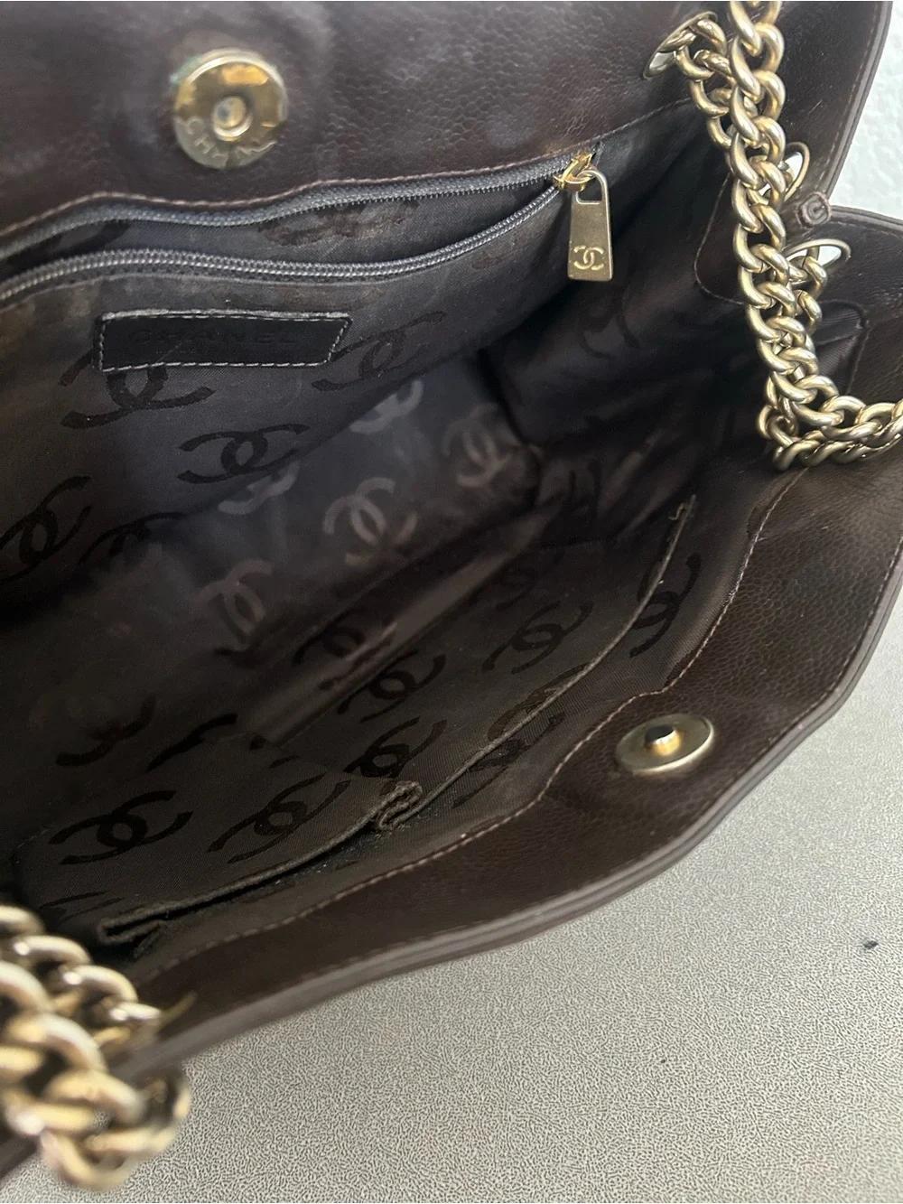 Chanel caviar leather quilted brown small tote handbag
